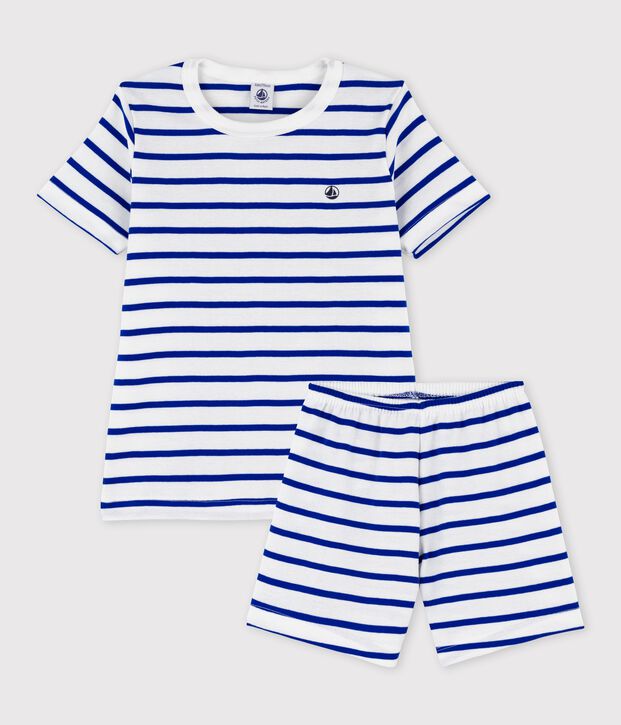 Kinder-Kurzpyjama aus Baumwolle mit Streifen f&uuml;r Jungen weiss/blau