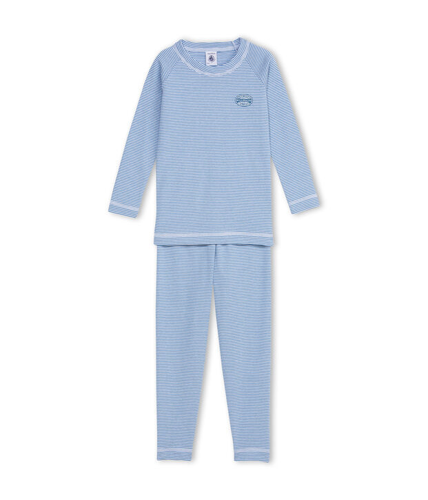 Jungen-Schlafanzug mit Milleraies-Ringelmuster blau/weiss