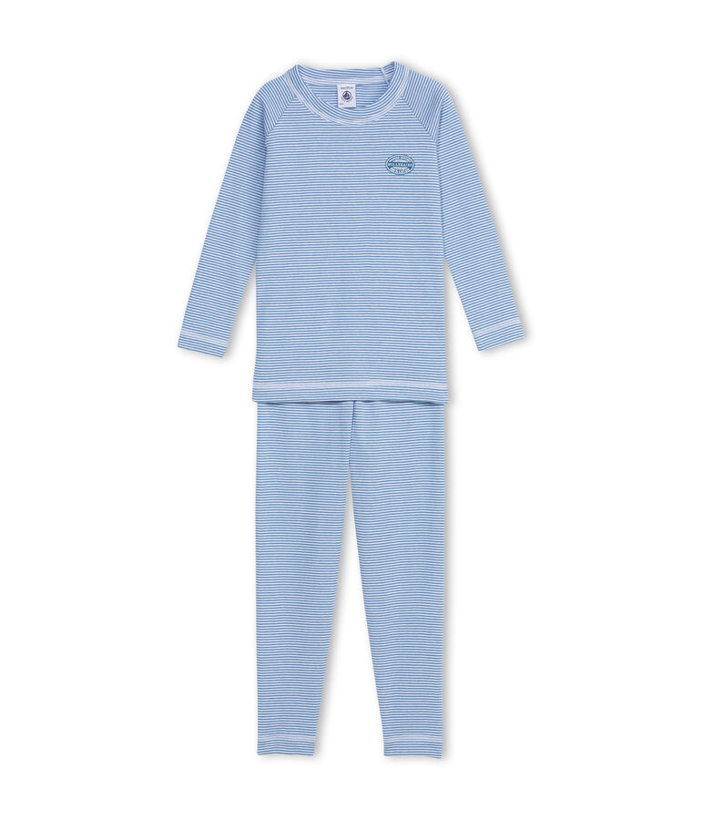 Jungen-Schlafanzug mit Milleraies-Ringelmuster blau ALASKA/weiss ECUME