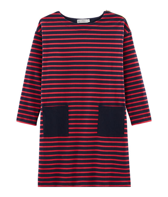 Langärmliges Kleid für Damen blau SMOKING/rot SIGNAL