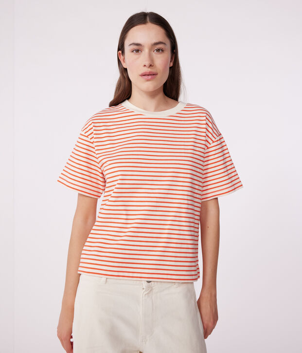 Damen-T-Shirt Le Boxy aus Baumwolle mit Streifen rot/rot