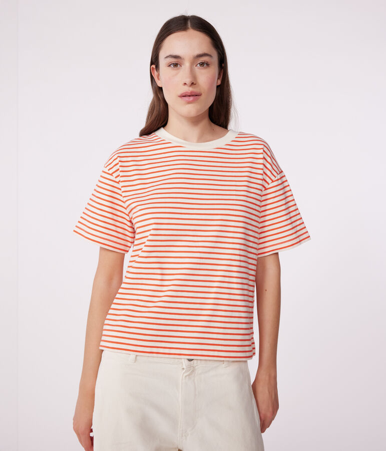 Damen-T-Shirt Le Boxy aus Baumwolle mit Streifen naturfarben/rot