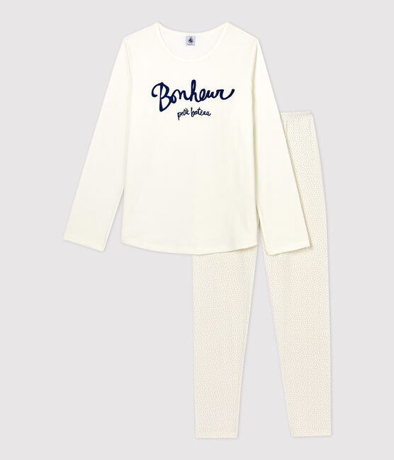 Kinderpyjama aus Bio-Baumwolle mit Punktmuster für Mädchen weiss MARSHMALLOW/blau MEDIEVAL