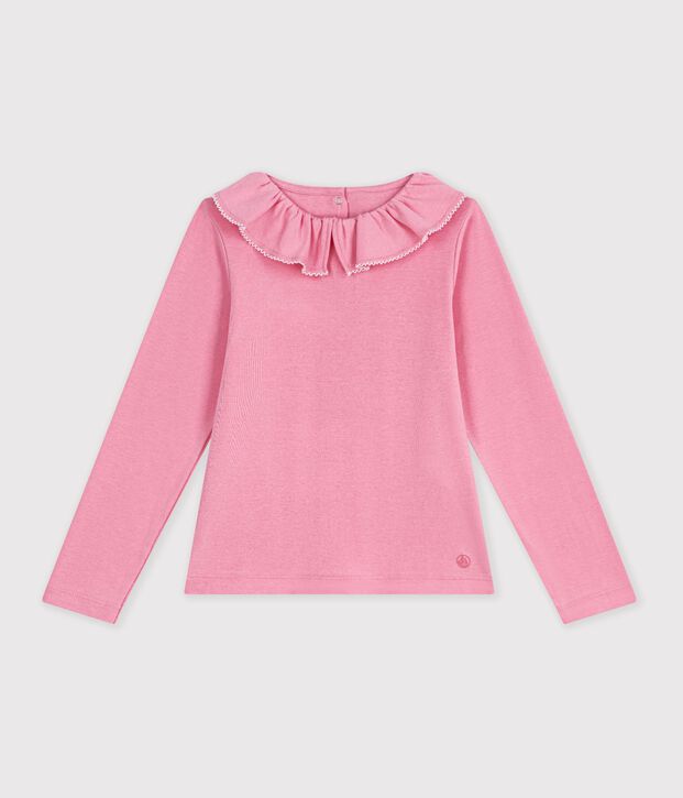 Lang&auml;rmeliges Kinder-T-Shirt mit Kragen aus einfarbiger Baumwolle rosa