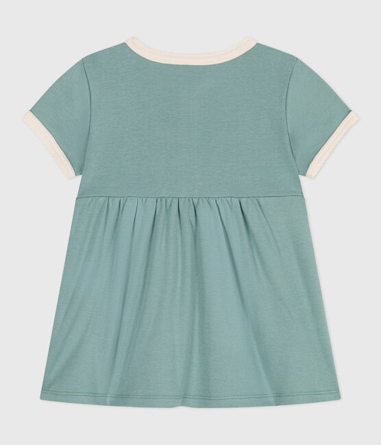 Kurzärmeliges Baby-Kleid aus einfarbiger Baumwolle mit farblich abgesetzten Verzierungen.  grün PAUL