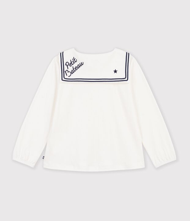 Lang&auml;rmelige Kinder-Bluse aus einfarbiger Baumwolle mit Matrosenkragen weiss