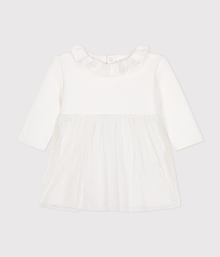 Baby-Kleid aus Doppeljersey und T&uuml;ll weiss/grau