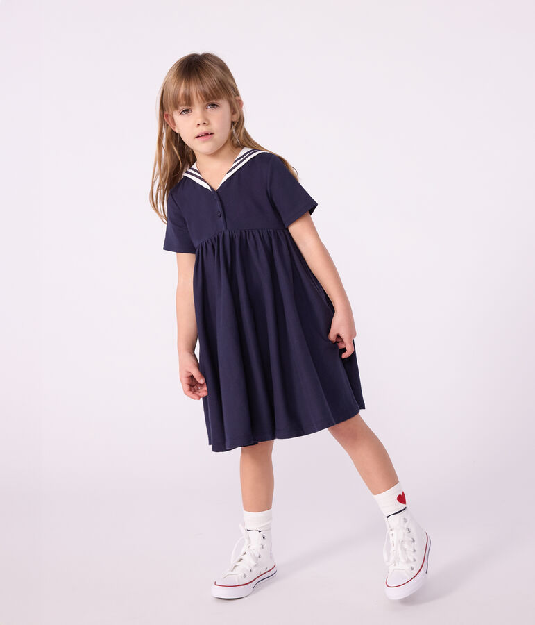 Kurz&auml;rmeliges Kinder-Kleid aus einfarbiger Baumwolle blau