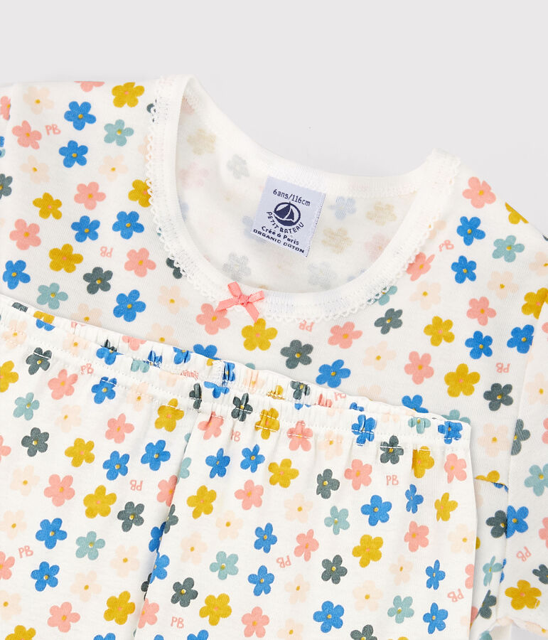 Kinderkurzpyjama aus Baumwolle mit phosphoreszierenden Blumen f&uuml;r M&auml;dchen weiss MARSHMALLOW/weiss MULTICO