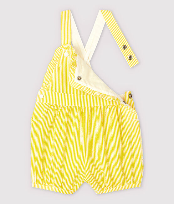 Kurze, gestreifte Baby-Latzhose aus Seersucker für Mädchen gelb SHINE/weiss MARSHMALLOW