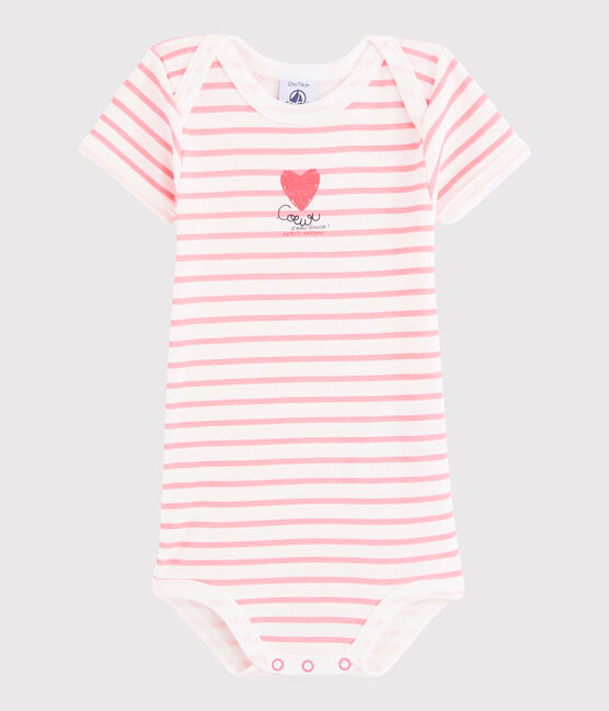 Kurzärmeliger Baby-Body Mädchen weiss MARSHMALLOW/rosa GRETEL