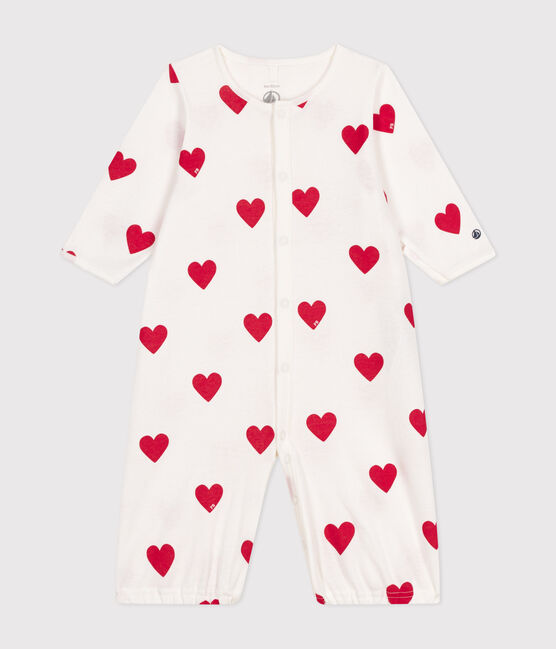Baby-Kombi-Overall aus Baumwolle mit Herzmuster weiss MARSHMALLOW/rot TERKUIT