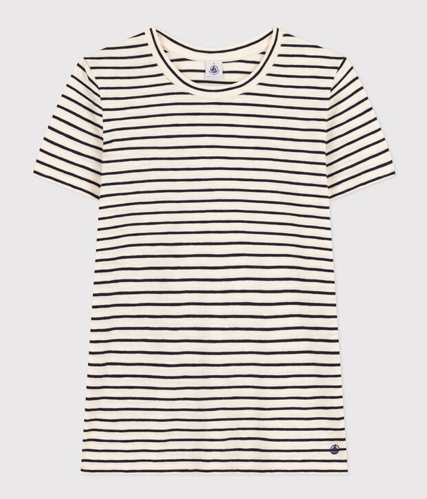 Damen-T-Shirt Le Droit aus Baumwolle, mit Rundhalsausschnitt und Streifen naturfarben/blau