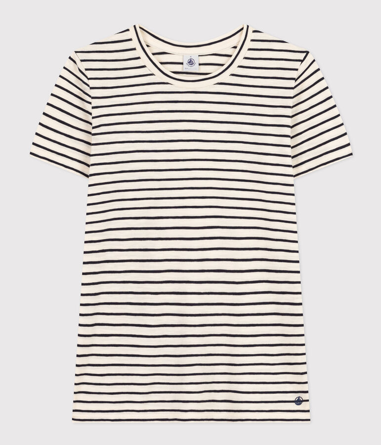 Damen-T-Shirt Le Droit aus Baumwolle, mit Rundhalsausschnitt und Streifen naturfarben/blau