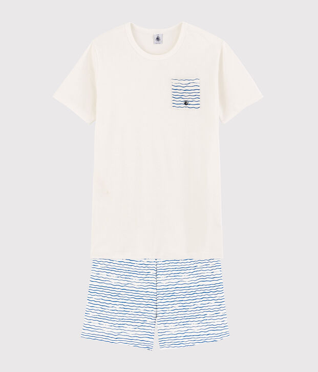 Kinder-Kurzpyjama aus Rippstrick in Wei&szlig; und Blau weiss/blau
