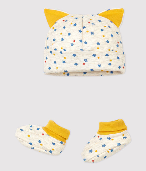 Set für Neugeborene: Baby-Mützchen und Schuhe aus Wolle/Bio-Baumwolle für Jungen beige MONTELIMAR/weiss MULTICO