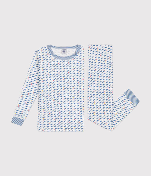 Eng anliegender Kinder-Pyjama aus Baumwolle mit Raketenmotiv weiss/vielfarbig