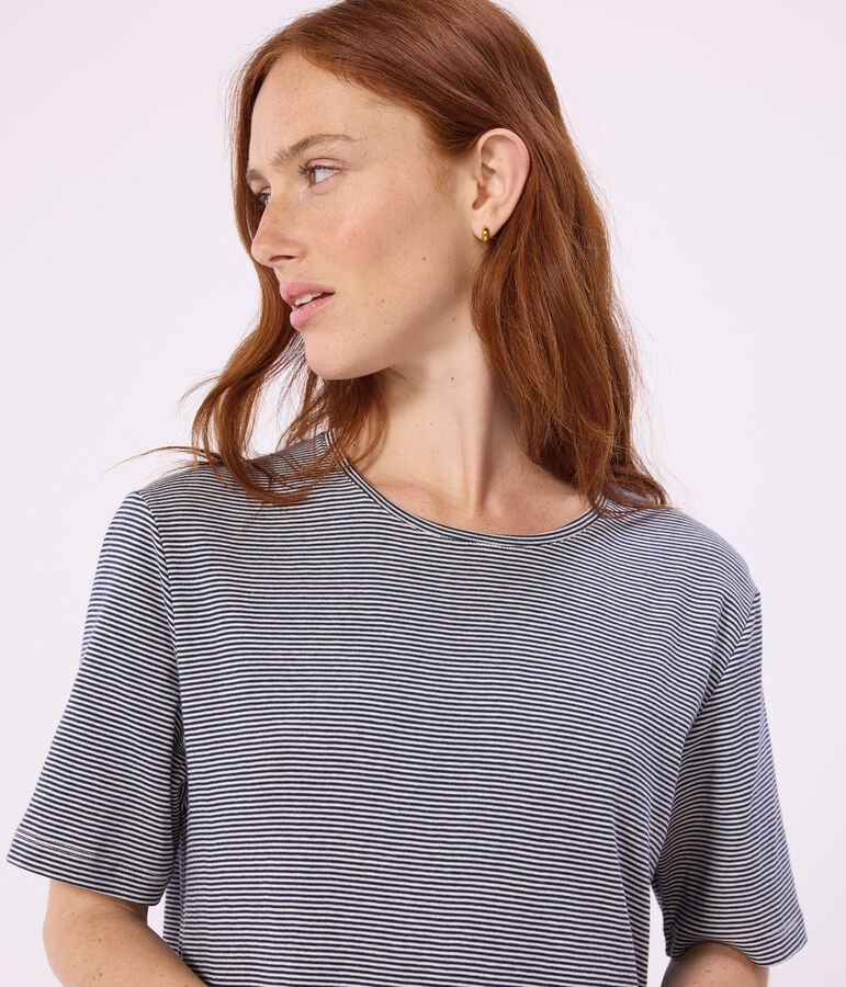 Kurz&auml;rmeliges Damen-Nachthemd aus Baumwolle mit Streifen blau SMOKING/weiss MARSHMALLOW