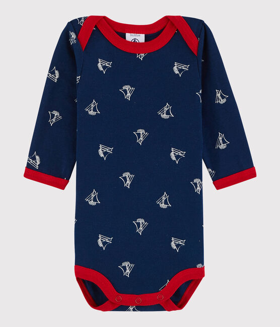 Langärmeliger Baby-Body Jungen blau MEDIEVAL/weiss MARSHMALLOW
