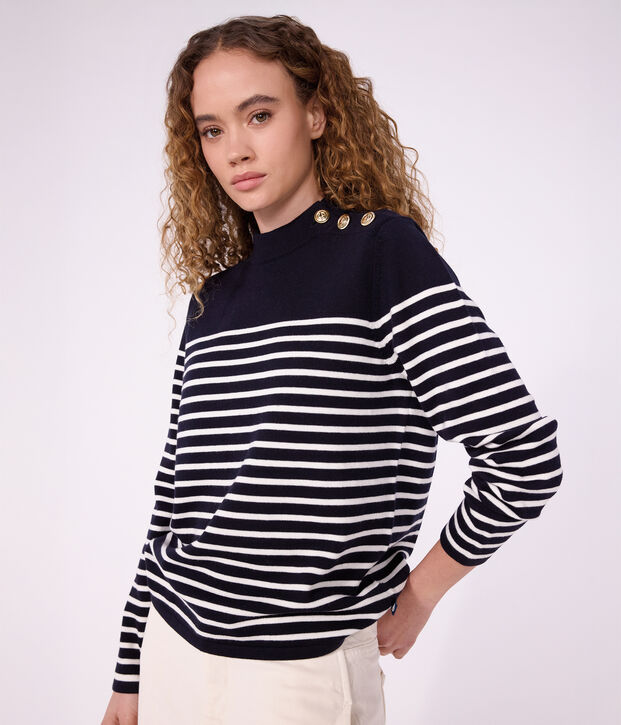 Damen-Marinepullover aus Baumwolle und Baumwolle mit Streifen blau/weiss