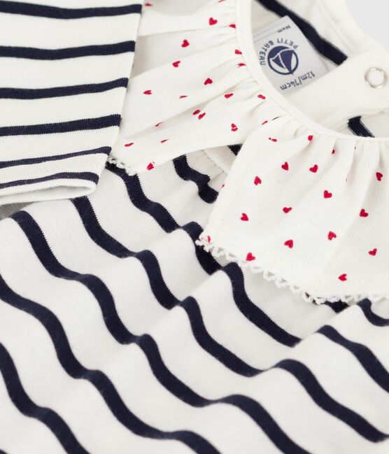 Langärmelige Baby-Bluse aus Baumwolle mit Matrosenstreifen und Herz-Kragen weiss MARSHMALLOW/blau SMOKING