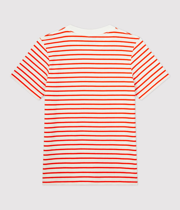 Baumwoll-T-Shirt mit Marinestreifen Damen weiss/orange