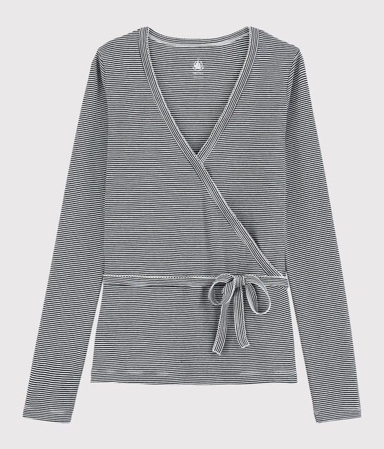 Wickel-Cardigan aus gestreifter Baumwolle Damen blau SMOKING/weiss MARSHMALLOW