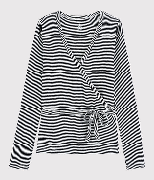 Wickel-Cardigan aus gestreifter Baumwolle Damen blau/weiss