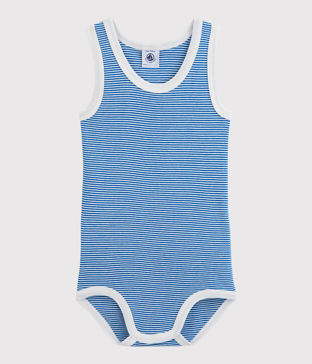 &Auml;rmelloser Baby-Body Jungen blau/weiss