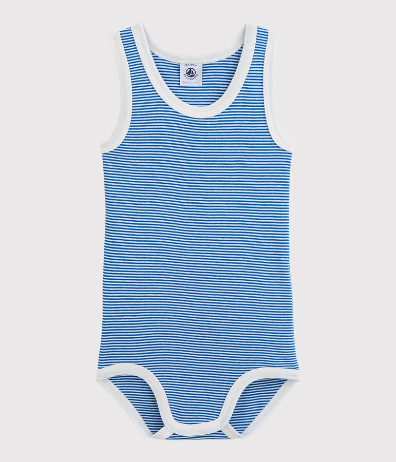&Auml;rmelloser Baby-Body Jungen blau/weiss