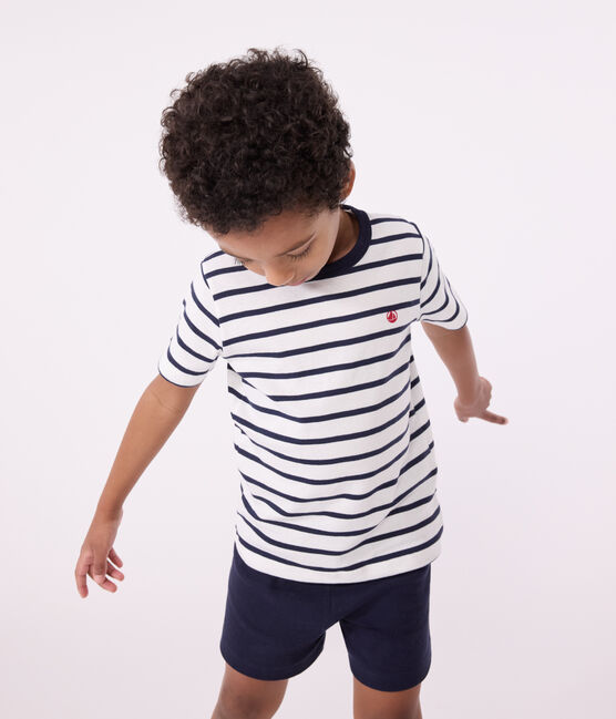 Kinder-Kurzpyjama aus Baumwolle im Matrosenmuster für Jungen weiss MARSHMALLOW/blau SMOKING
