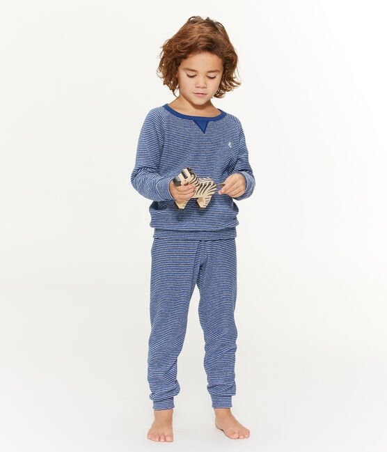 Pyjama aus angerautem, extra warmem Bouclé-Frottier für kleine Jungen blau MAJOR/grau SUBWAY
