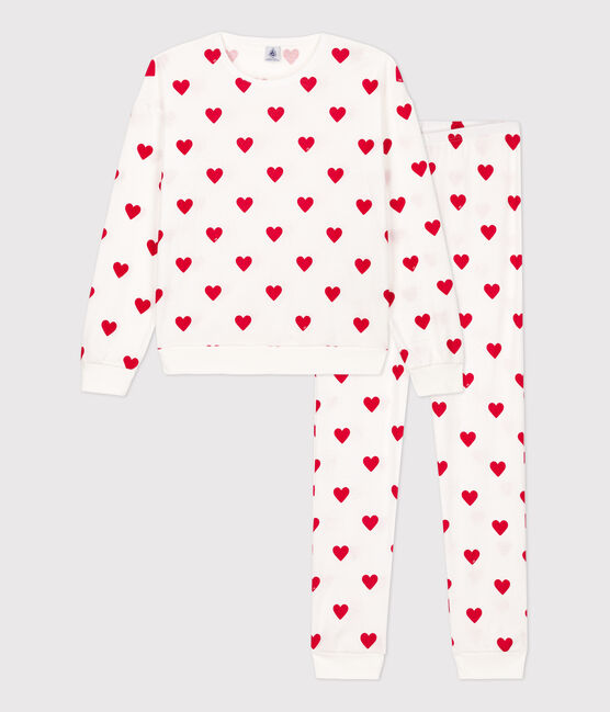 Damenpyjama aus Baumwolle, mit Herzchen weiss MARSHMALLOW/rot TERKUIT