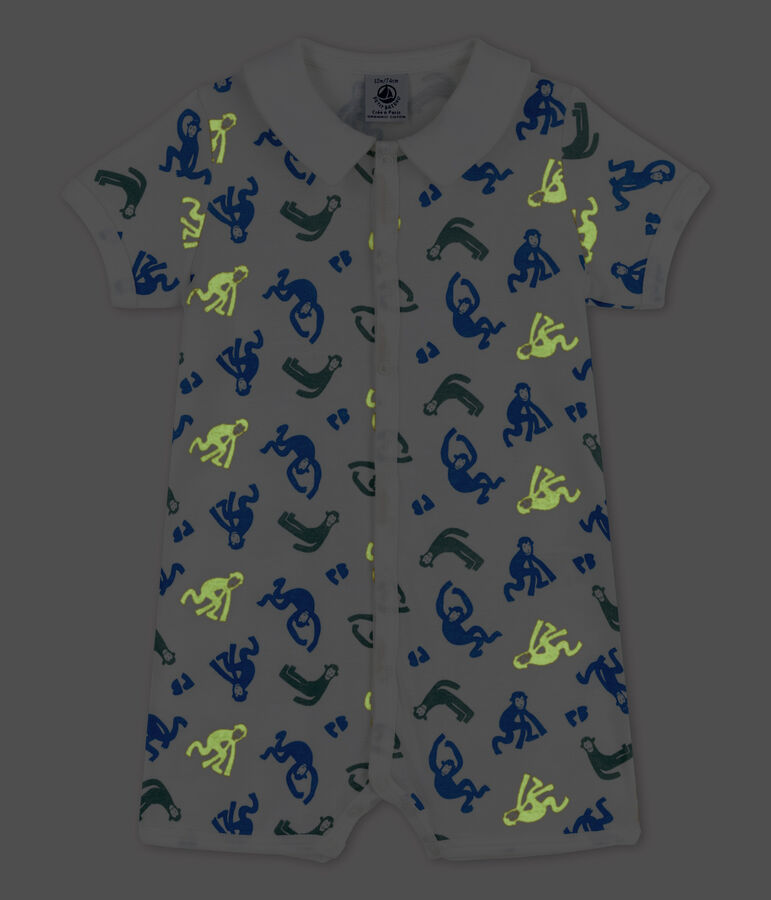 Phosphoreszierender kurzer Baby-Einteiler aus Baumwolle mit Affenmotiv weiss MARSHMALLOW/weiss MULTICO