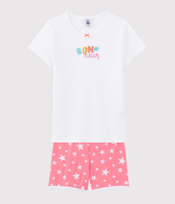 Kinder-Kurzpyjama aus Baumwolle mit "Bonheur"-Motiv für Mädchen weiss MARSHMALLOW/weiss MULTICO