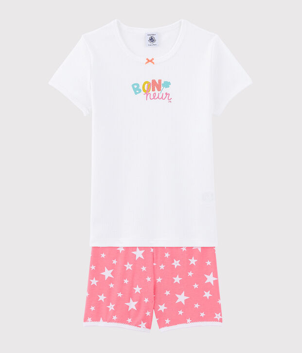 Kinder-Kurzpyjama aus Baumwolle mit Bonheur-Motiv f&uuml;r M&auml;dchen weiss/vielfarbig