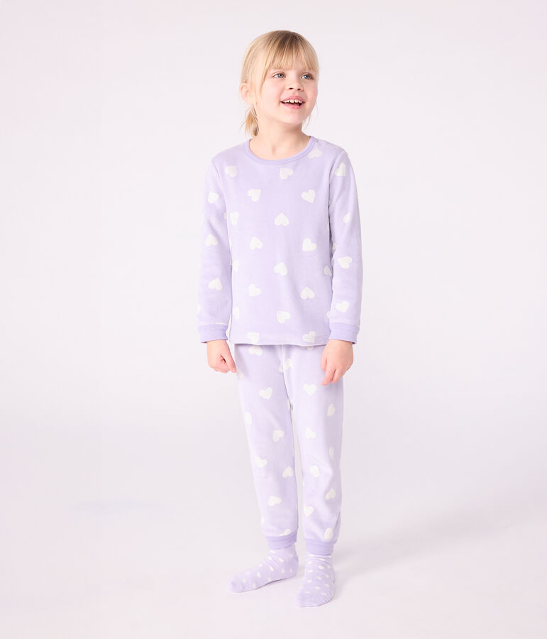 Kinder-Pyjama aus Nicki mit Herzmotiv violett/weiss