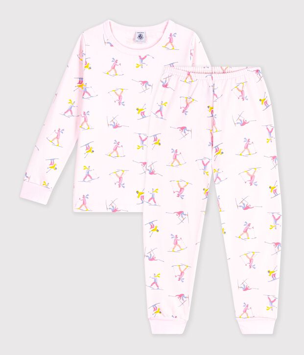 Kinder-Pyjama aus Molton mit Skifahrern rosa/vielfarbig