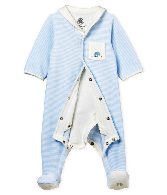 Baby-bodyjama jungen aus samt mit ringelstreifen blau FRAICHEUR/weiss ECUME