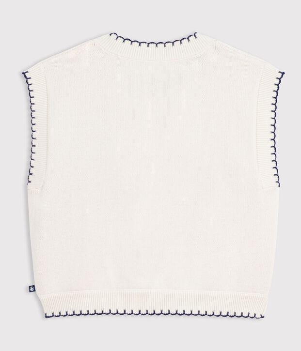 &Auml;rmelloser Kinder-Pullover mit Zopfmuster aus Wolle und Baumwolle weiss
