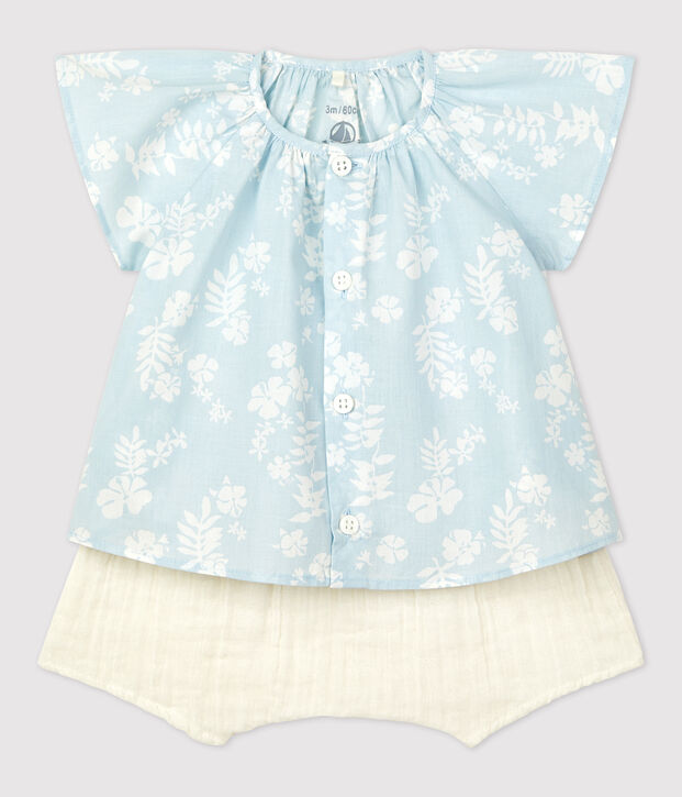 Zweiteiliges Baby-Set aus Bio-Popeline mit Hawaiimuster blau/weiss