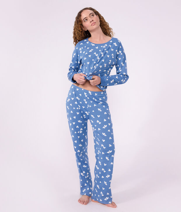Damen-Pyjama aus Baumwolle mit Herzmotiv blau/weiss