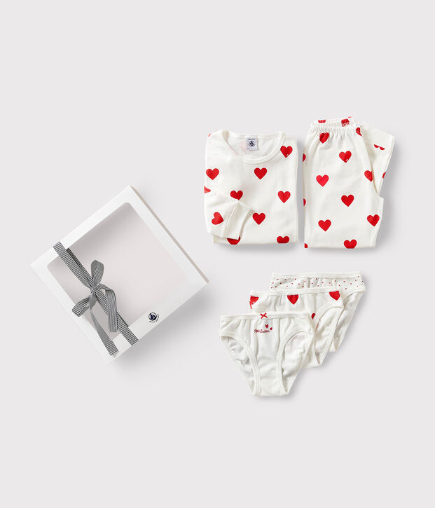 Geschenkset Pyjama und Slips mit rotem Herzmotiv aus Baumwolle vielfarbig
