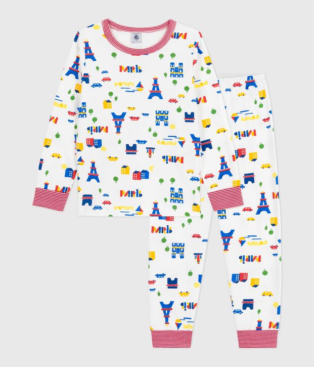 Kinder-Pyjama aus Molton mit Paris-Motiven weiss/vielfarbig