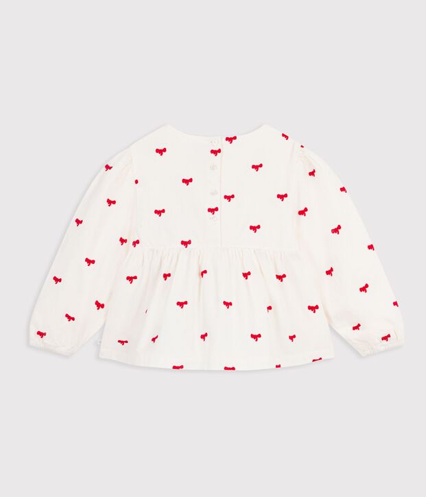 Lang&auml;rmelige Kinder-Bluse aus Baumwolle mit Schleifenmotiv naturfarben/rot