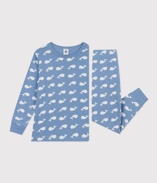 Kinderpyjama aus Baumwolle mit Walmuster blau/weiss