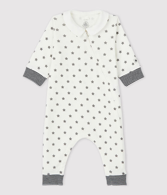 Baby-Strampler ohne Füße mit Reißverschluss aus Bio-Baumwolle mit Sternenmotiv weiss MARSHMALLOW/grau GRIS