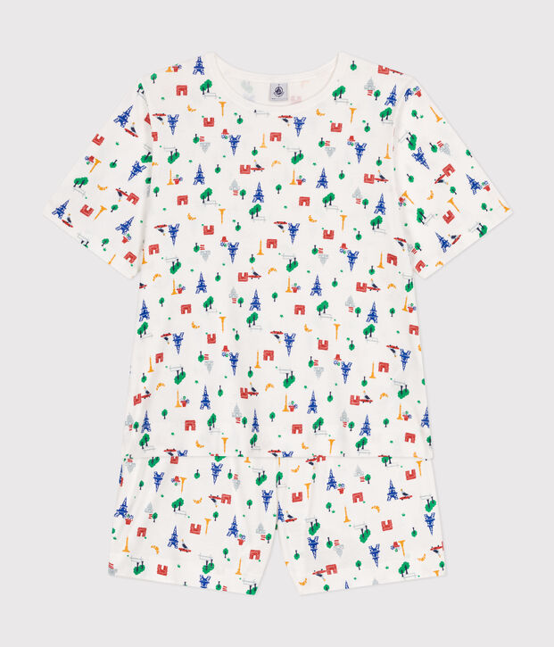 Damen-Pyjama, Shorts und T-Shirt aus Baumwolle mit Paris-Motiv weiss/blau/vielfarbig