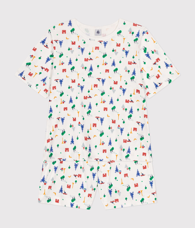 Damen-Pyjama, Shorts und T-Shirt aus Baumwolle mit Paris-Motiv weiss/blau/vielfarbig
