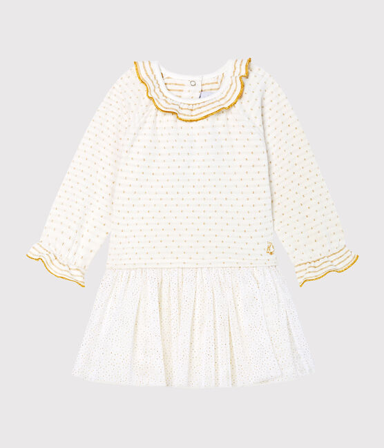 Langärmeliges Babykleid aus Materialmix für Mädchen weiss MARSHMALLOW/gelb OR